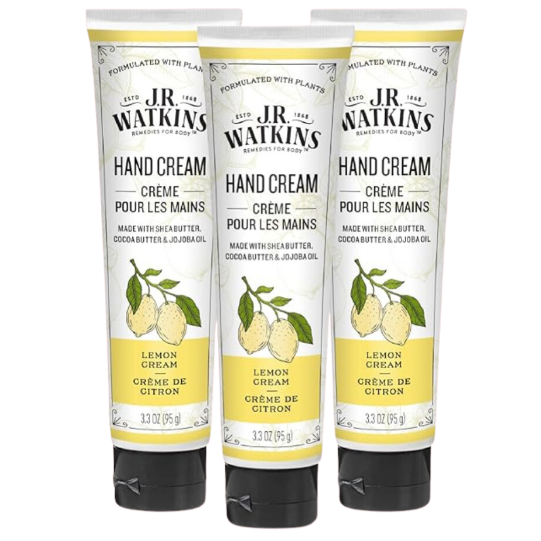 J.R. Watkins Natural Moisturizing Hand Cream, Hydrating Hand Moisturizer with Shea Butter, Cocoa Butter, Avocado Oil, USA Made and Cruelty Free, 3.3oz, Lemon Cream, 3 Pack