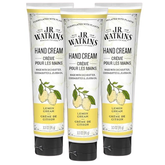 J.R. Watkins Natural Moisturizing Hand Cream, Hydrating Hand Moisturizer with Shea Butter, Cocoa Butter, Avocado Oil, USA Made and Cruelty Free, 3.3oz, Lemon Cream, 3 Pack